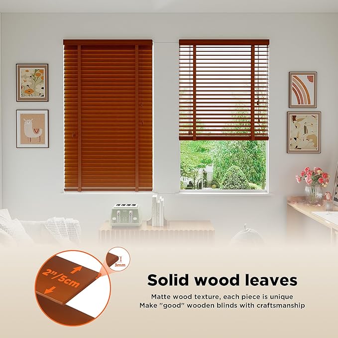 2" Slats Wood Blinds for Indoor Windows: Wooden Blackout Blinds & Shades,Black Out Privacy Horizontal Blinds for Home Bedroom Bathroom Living Room Windows Brown 23.5" WX 72" H