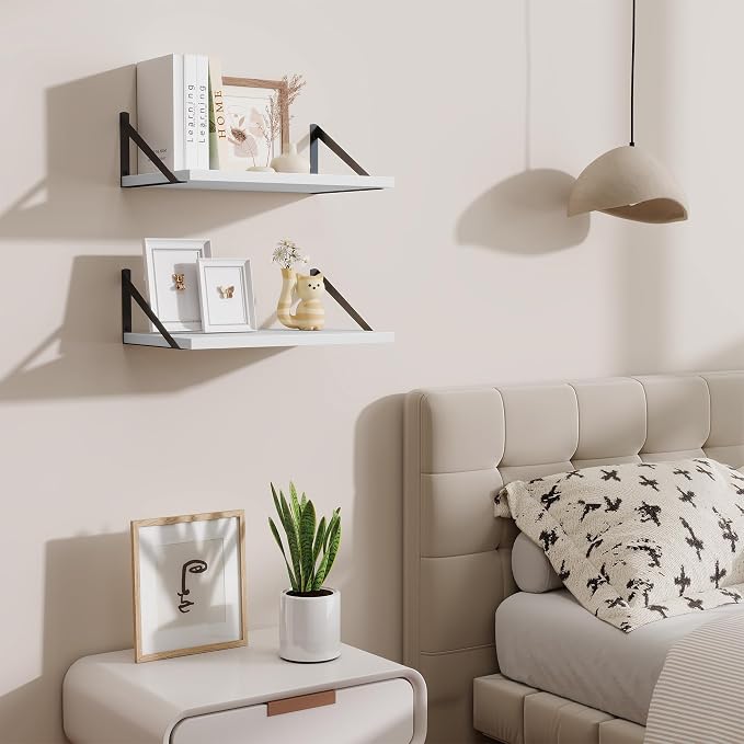 Acovy Floating Shelves for Wall,18" Wall Mounted Shelves Set of 2,Wood Floating Shelf with Bracket,Sturdy Metal Bracket Bookshelves Home Decor Storage for Living Room,Bedroom,Bathroom,Kitchen,White