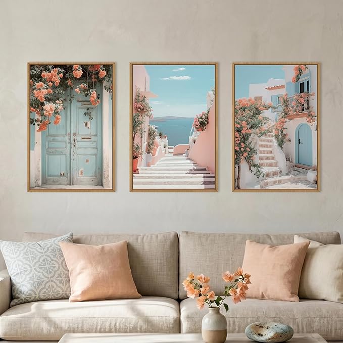 KAIRNE Italy Amalfi Coast Cityscape Framed Canvas Wall Art Set,Neutral Italian Mediterranean Wall Decor,Greece Island Landscape Wall Painting,Florida Beach Artwork for Living Room,Bedroom-24 x36 x3