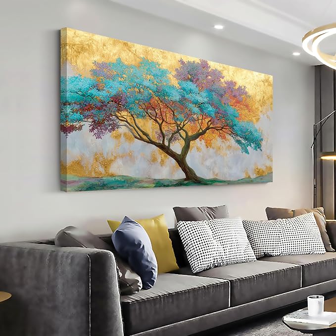 Ggaafet Gold Blue Tree Wall Art for Bedroom Canvas Oil Painting Prints Beautiful Tree of Life Art Deco Modern Artwork Office Family Dining Room Decor