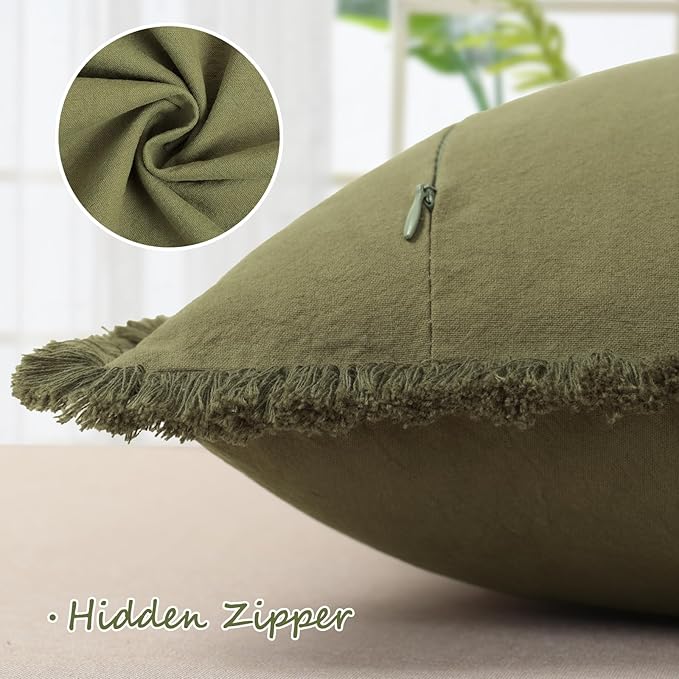 ZWJD Pillow Covers 24x24 Set of 2 Army Green Throw Pillow Covers with Fringe Chic Cotton Decorative Pillows Square Cushion Covers for Sofa Couch Bed Living Room Farmhouse Boho Decor