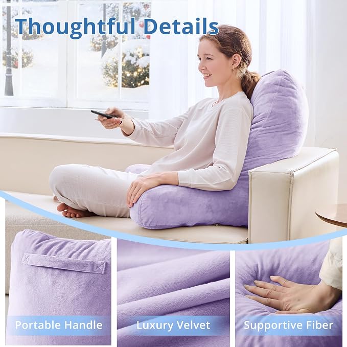 Sasttie 25-inch Reading Pillows for Sitting in Bed Adult, Jumbo Velvet Back Pillow Bed Sitting Up, XL High Back-Rest Support Cushion for Sit Up on Couch & Floor, Oeko-Tex Certified, Lavender
