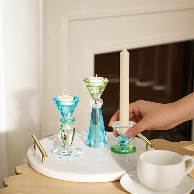 DN DECONATION Glass Candle Holder, Blue Clear Crystal Candlesticks Holders | Set of 3, Crystal Tealight Candles Holder for Table Centerpiece Wedding Decorations Housewarming Gift Living Room Party