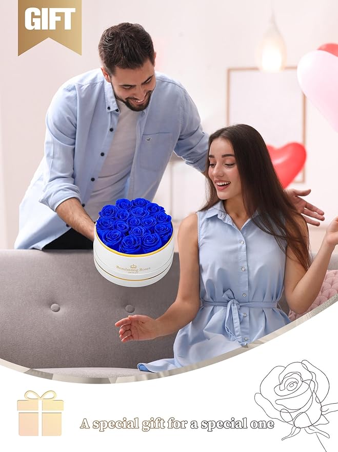 16 Preserved Roses Forever Flowers Real Roses in a Box Mother's Day Birthday Flowers for Her Mom Women Wife Valentine's Day, Royal Blue Roses