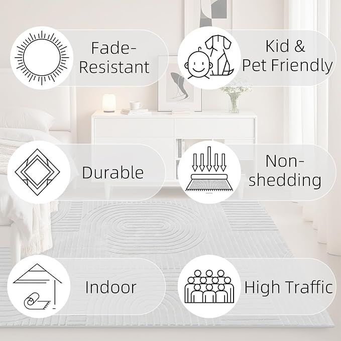 Grey Solid Area Rug 8x10 – Large Washable Soft Indoor Rugs for Living Room Bedroom, Modern Geometric Bohemian Pattern High-Low Pile Textured Carpet for House Apartment, Home Office Decor