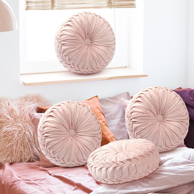Beeveer 4 Pcs Round Throw Pillows 15 Inch Decorative Velvet Pleated Pumpkin Pillows Boho Floor Pillow with Center Button for Living Room Couch Chair Bed Sofa Home Decoration (Light Pink)