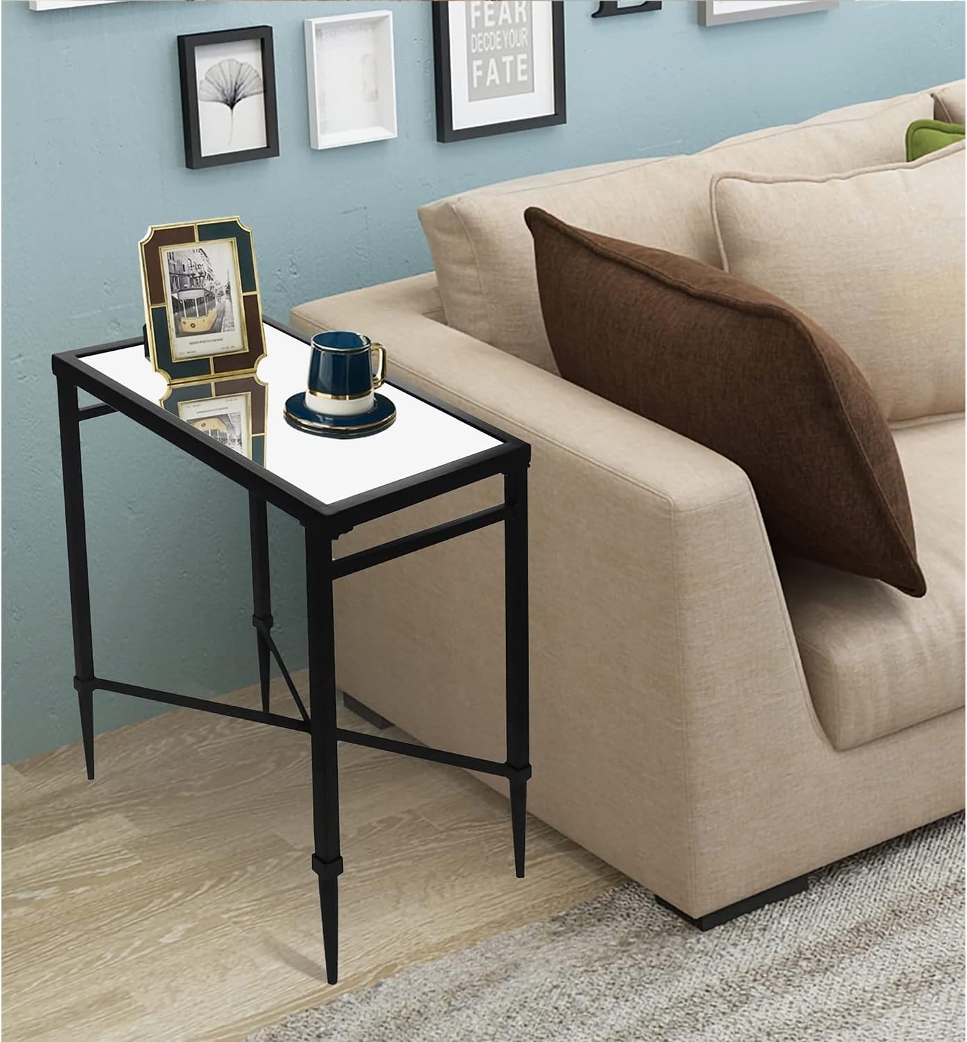 Black End Table, Rectangle Side Table with Mirrored Top, Modern Metal End Table, Small Narrow Side Table for Living Room, Balcony, 22" L x 12.4" W x 24" D
