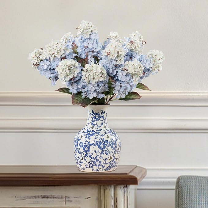 Ttranewsoo Hydrangea Artificial Flowers,Fall Hydrangeas Artificial Flowers,Blue Fake Fall Dried Hydrangea Flowers Decoration,Faux Silk Flower with Stems Winter Decor(Blue 24" 8pcs) Without Vase