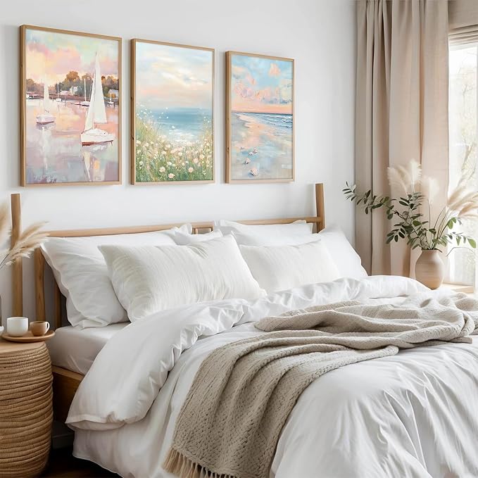 Pink Coastal Wall Art Coquette Beach Canvas Poster Summer Beachy Wall Decor Trendy Pastel Ocean Pictures Preppy Aesthetic Painting Wildflower Prints Sailboat Artwork for Bedroom 16x24 Inch Unframed