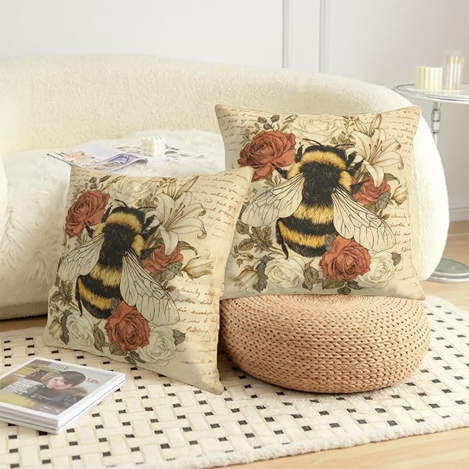 Set of 2 Vintage Bumblebee Pillow Covers 16x16 Honeybee with French Script and Flower Pillowcases Spring Summer Rustic Bee Throw Pillow Cover for Home Outdoor Farmhouse Decor