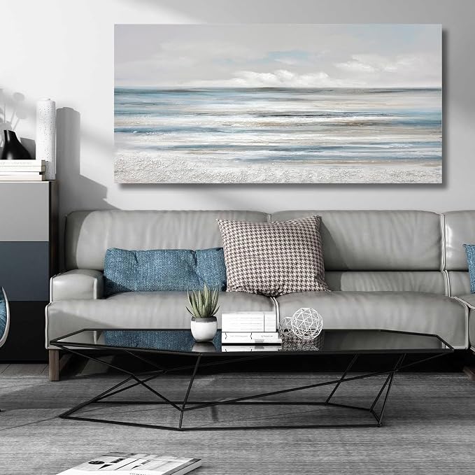 TRAIN2 ART Abstract Wall Art Modern Coastal Wall Decor Textured Blue and White Sea Background Canvas Wall Art for Living Room Bedroom Kitchen Office 20"x40"