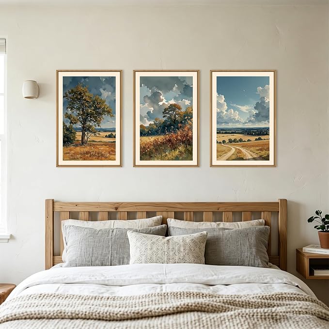 KAIRNE Nature Landscape Framed Canvas Wall Art Set,Watercolor Countryside Forest Wall Decor,Blue Green Scenery Art Prints,Rustic Wilderness Artwork for Living Room,Bedroom,Farmhouse,Office-24 x36 x3