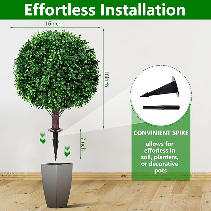 Yangrass Artificial Boxwood Topiary Ball Tree Set of 2, UV Resistant Artificial Outdoor Shrubs with Spike, Decorative Evergreen Fake Topiary Bushes Plant for Front Porch Garden