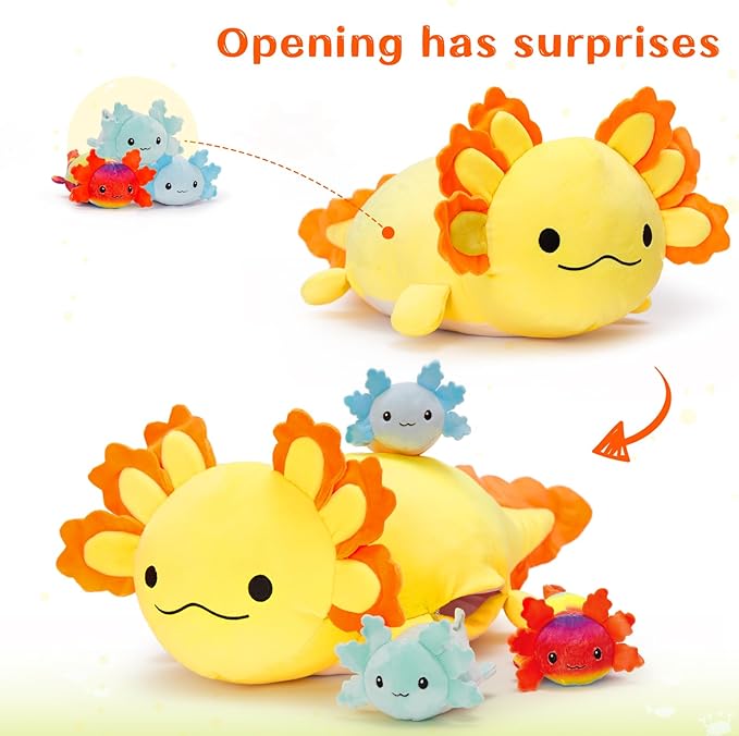 MaoGoLan 4Pcs Giant Axolotl Plush with 3 Babies Inside-23.5" Large Ultra Soft Axolotl Stuffed Animals Throw Pillow-Squishy Stuffed Axolotl Plush Collection Gift for Axolotl Lover,Kids,Teens,Yellow