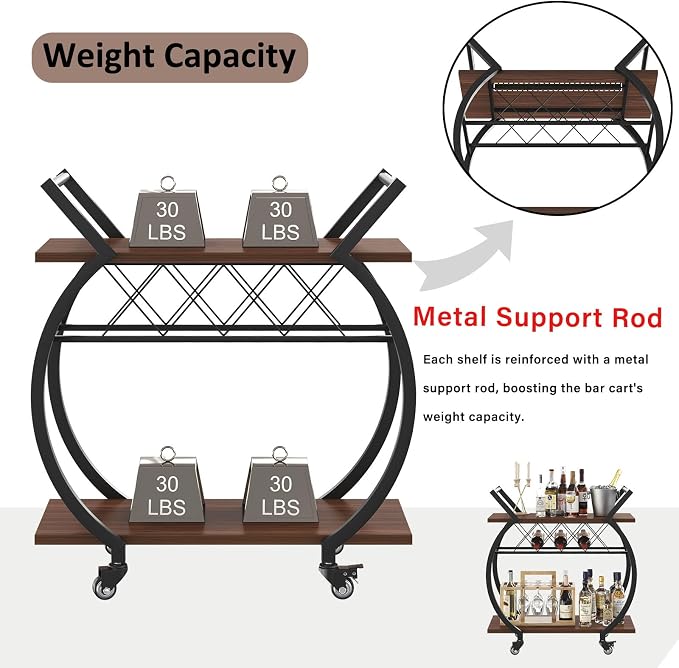 LVB Modern Gold Bar Cart, Industrial Rolling Serving Wine Cart with Wine Rack, Coffee Liquor Drink Cart with Storage and Wheels, Wood and Metal Kitchen Microwave Beverage Cart for Home, Walnut