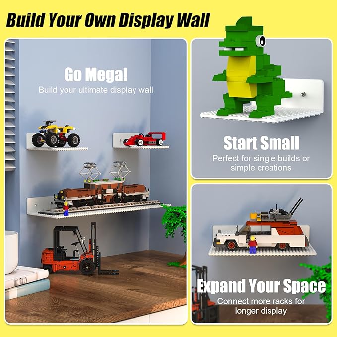 BlissBox 9-Pack Floating Shelves for Wall Compatible with Lego Building Bricks, 5x5.5inch Dual‑Sided 16x17 Studs for Toy Brick Storage and Display, ABS Display Shelves for Room Decor, White