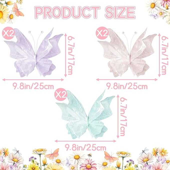 3D Hanging Butterfly Decorations, Butterfly Birthday Party Decorations, 6 Pcs Water-Repellent Paper Butterfly Hanging Decorations for Girls, Women, Flower Garden Party Décor