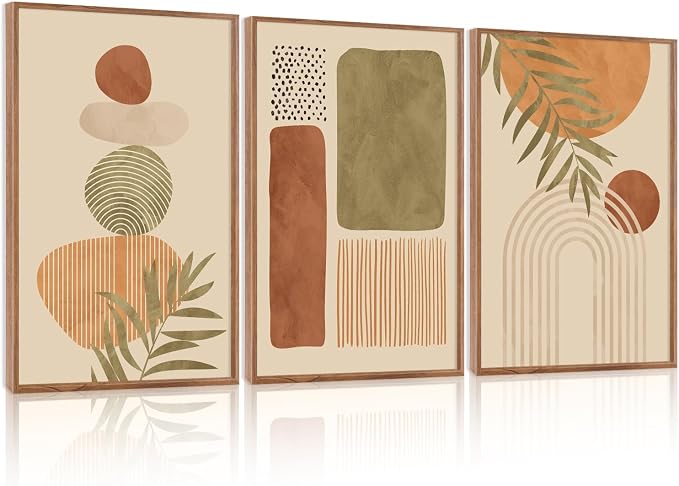 LHIUEM Boho Abstract Sage Framed Canvas Wall Art,Bohemian Neutral Wall Decor,Mid Century Beige Painting,Natural Minimalist Line Artwork for Living Room,Bedroom,Dining Room -24"x36"x3