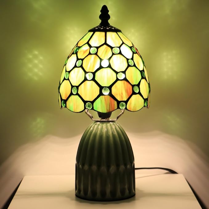 Tiffany Stained Glass Mushroom Table Lamp 12.5 Inch -Brownish Green | Tiffany Lamp,6X6X12.5 Inch,Small Night Light,Ceramic Base, Mini Accent Light Suitable,Bedside,Bedroom, Children Room,Antique