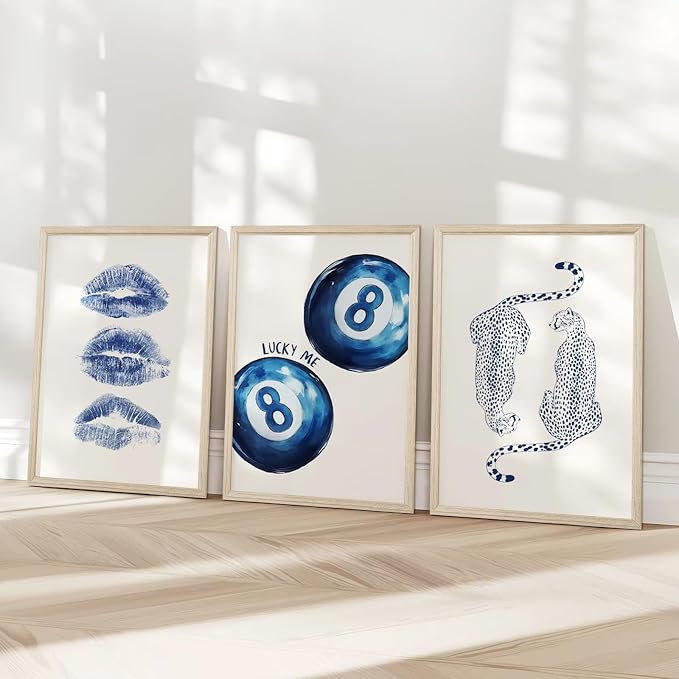 Leopard Wall Art Cheetah Canvas Prints Trendy 8 Ball Wall Decor Preppy Aesthetic Poster Lucky Leopard Pictures Funky Painting Navy Kiss Artwork for Bedroom Living Room 12x16 Inch Wood Framed Set of 3