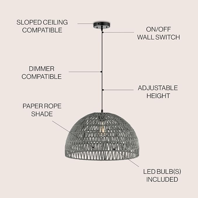 JONATHAN Y 20" Gray Modern Bohemian Woven Rope LED Pendant Light Fixture, Adjustable Dome Ceiling Lamp for Kitchen Island, Rope Shade, Coastal Farmhouse Decor (JYL6504D)