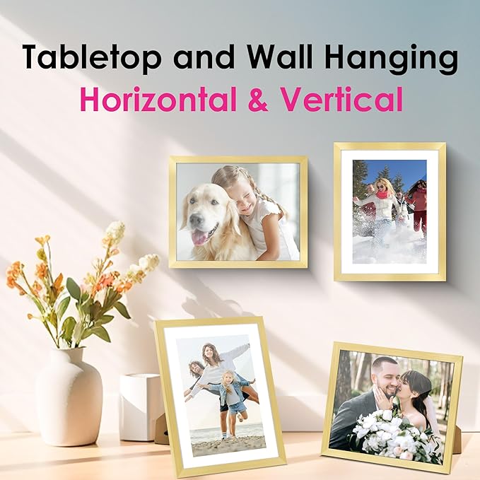 FIXSMITH 8x10 Picture Frame Set of 2, Gold Picture Frames Collage for Tabletop or Wall Display, Photo Frame with HD Plexiglass, Display Pictures 5x7 with Mat or 8x10 Without Mat (Pack of 2)