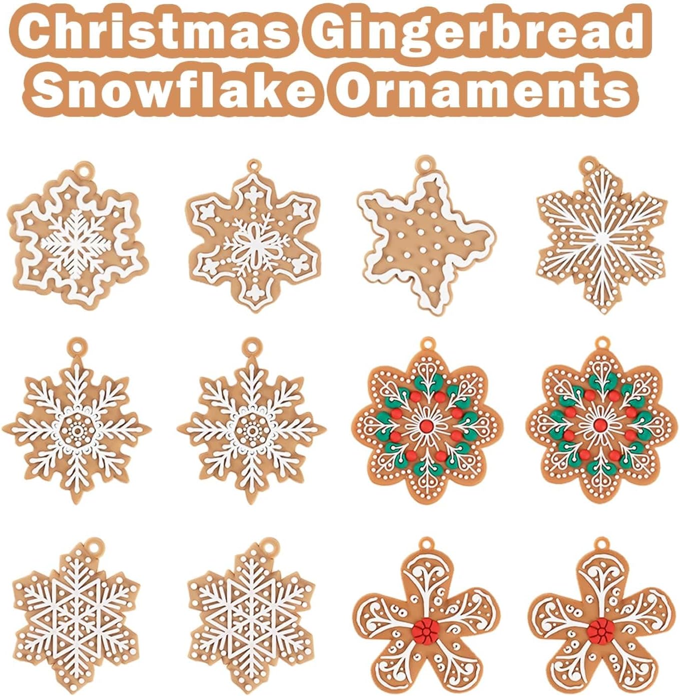 kockuu 12Pcs Christmas Gingerbread Snowflake Ornaments for Tree Rustic Brown Silicone Christmas Ginger Bread Hanging Ornaments Pendants for Xmas Tree Winter Crafts Holiday Home Party Decor Indoor