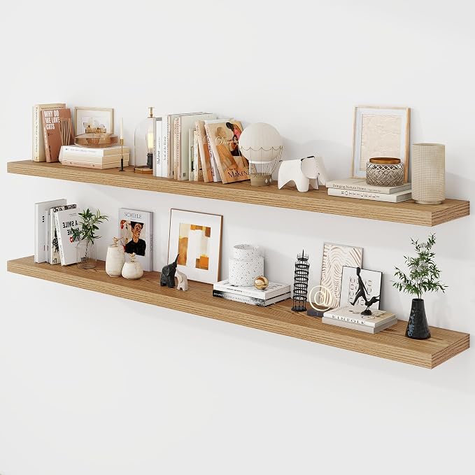 Acovy 72 Inch Floating Shelves, 9.3" Deep Floating Shelf Wall Mounted, 72" Wall Shelves, Rustic Deep Bookshelf, Large Display Shelves & Storage Shelves for Bedroom, Living Room, Light Brown, Set of 2
