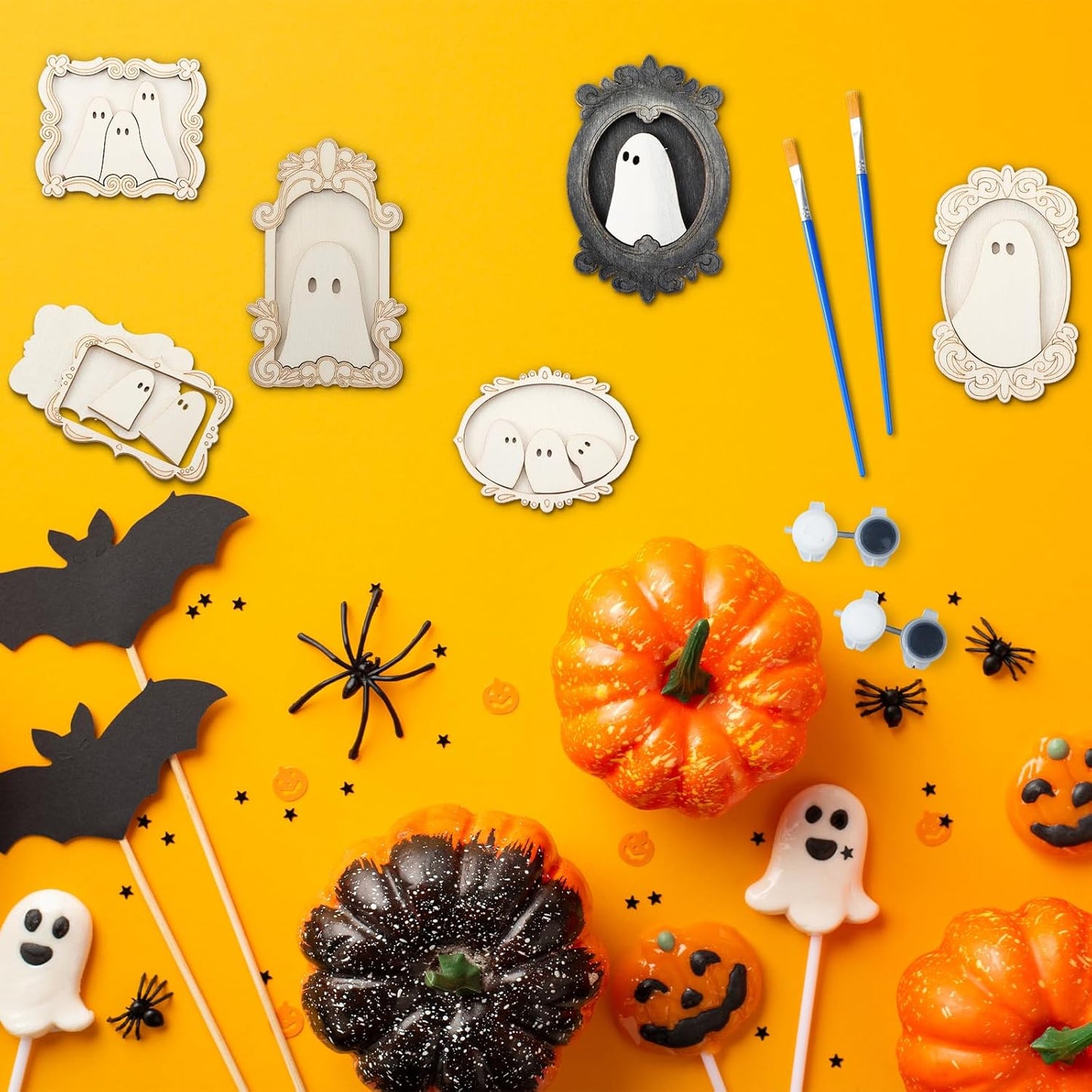 12 Set Wood Ghost DIY Frames Decorating Craft with Paint and Brush Unfinished Wooden Gift Ornaments Cute Ghost for Halloween Craft Art Party Supplies, Not Include Glue (Cute Style)
