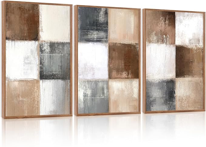 HOURIA 3Pcs Boho Brown Beige White Grey Square Lattice Canvas Wall Art 16"x24", Vintage Mid Century Modern Earth Tone Wall Decor, Minimalist Neutral Illustration Art Print for Office Living Room Home