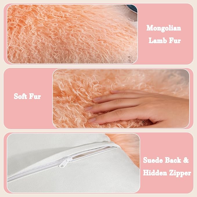 Seek4comfortable Mongolian Lamb Fur Throw Pillow Cover Real Fur Decorative Cushion Cover Pillow Case Home Decorative Square Throw Pillow Cover Plain Wool Pillow Protector, Pink (16"x16")