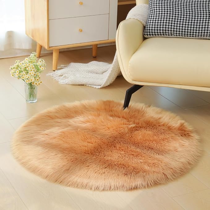 Faux Fur Rug Fluffy Sheepskin Area Rug,Ultra Soft Shaggy Plush Rug Bedroom Living Room Sofa Floor Kids Room Bedside（3 x 3 ft Round Brown）