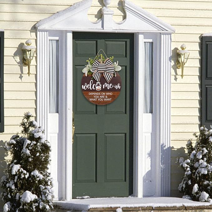 Interchangeable Seasonal Welcome Sign for Front Door, Rustic Round Wood Wreath for Front Door Hanging Decorations, for Spring Summer Fall Halloween Christmas Farmhouse Outdoor Home Wall Decor (12Inch)