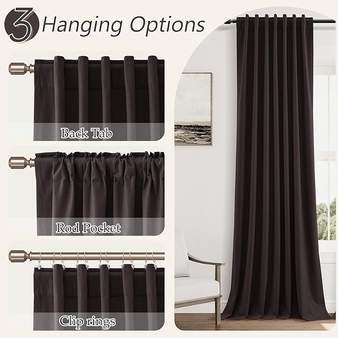 Guken 100% Blackout Curtains 108 Inch Length 2 Panels Set for Living Room Bedroom Back Tab Thermal Insulated Black Out Linen Drapes Room Darkening Cocoa Coffee,52x108