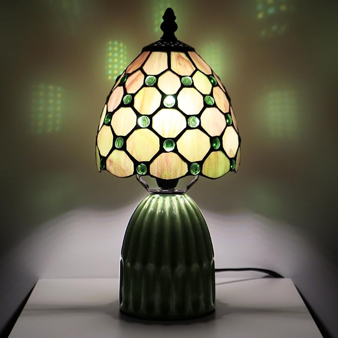 Tiffany Stained Glass Mushroom Table Lamp 12.5 Inch -Amber Pearl | Tiffany Lamp,6X6X12.5 Inch,Small Night Light,Ceramic Base, Mini Accent Light Suitable,Bedside,Bedroom, Children Room,Antique