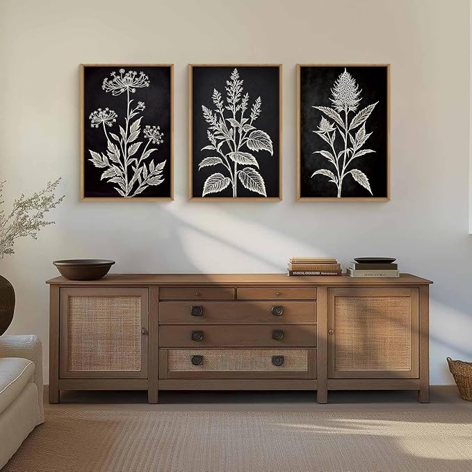 HPNIUB Black and White Sketch Floral Framed Canvas Wall Art Set,Vintage Minimalist Botanical Flower Wall Decor,Modern Moody Wildflower Leaf Artwork for Living Room, Bedroom,Office-16 x24 x3