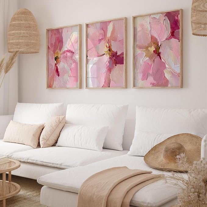 Abstract Floral Wall Art Pink Flower Canvas Pictures Modern Wall Decor Blush Pastel Pink Prints Peony Painting Minimalist Poster Botanical Artwork for Bedroom Living Room 24x36 Inch Unframed set of 3