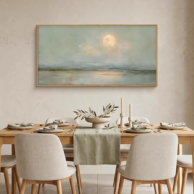 LHIUEM Large Abstract Moon Green Framed Canvas Wall Art Set,Minimalist Beige Gray Wall Decor, Nature Lake Landscape Art Painting for Living Room,Bedroom,Dining Room,Office - 20"x40"x1