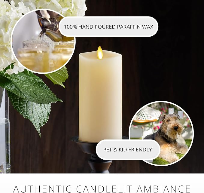 Luminara Realistic Artificial Moving Flame Pillar Candle - LED Operated Lights - Unscented - Remote Ready - Ivory (7.6 Wide x 15.6 Tall Centimetre)