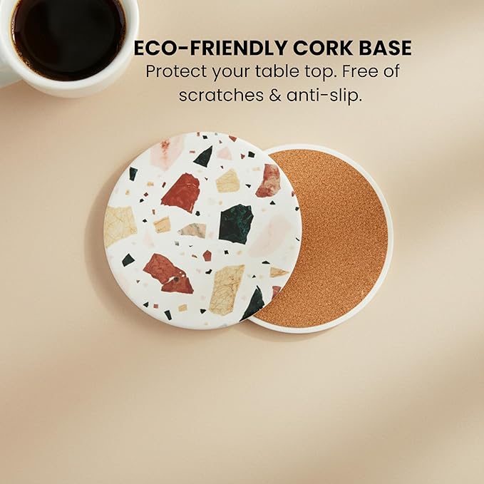 Absorbent Coaster Set of 6 with Holder, Drink Coasters for Coffee Table, Kitchen, Home Decor, Cute Ceramic Round Coasters, Alternative to Silicone, Cork or Glass Coaster (Terra)