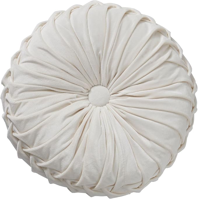 MOJUN Velvet Throw Pillow - Round, Pleated, Filled - Home Decorative Pillow for Couch, Chair, Bed, Car, Floor (White, 14inch)