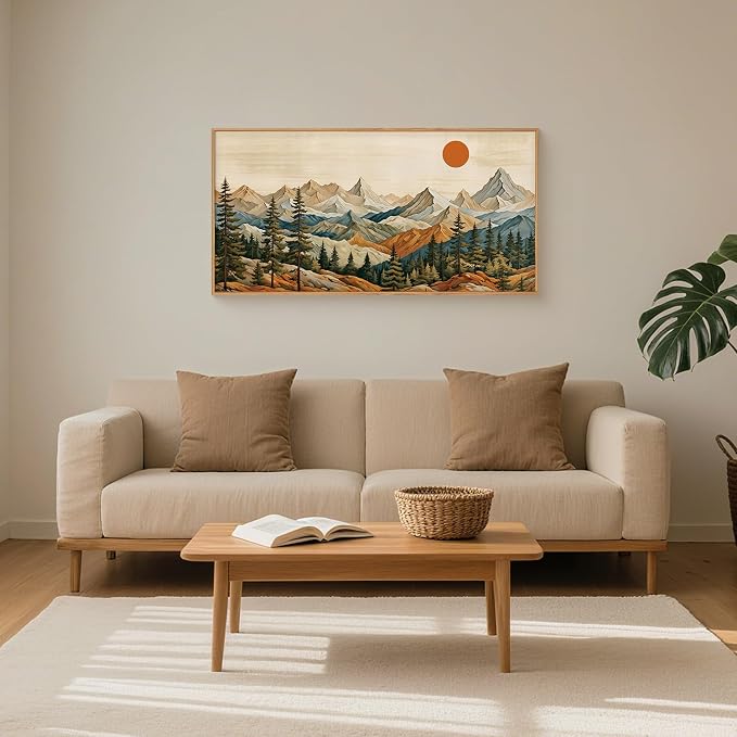 Boho Mountain Woodcut Framed Canvas Wall Art 20"X40" | Vintage Pine Tree Brown Forest Art Painting Natural Sunrise Beige Artwork