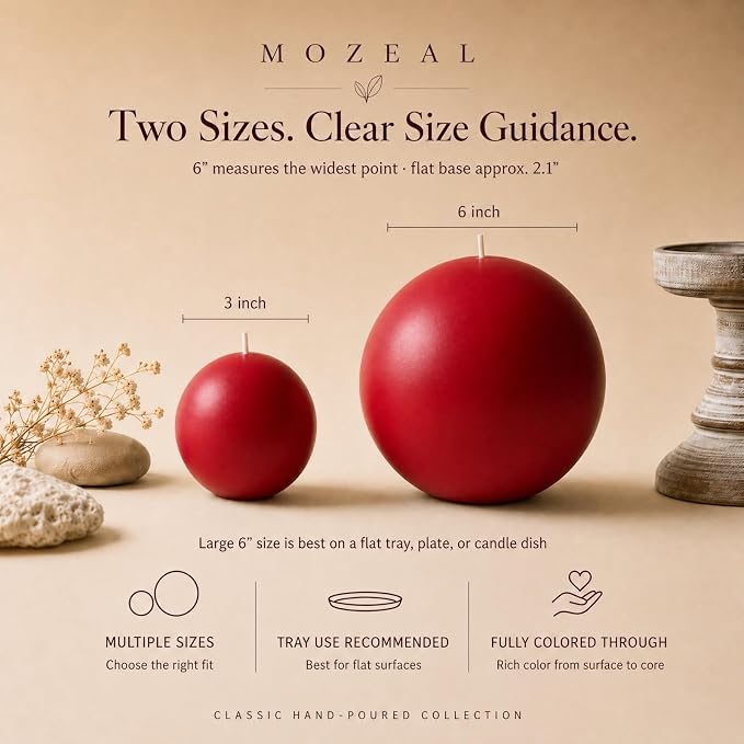MOZEAL Hand-Poured, 3 Inch Red Round Ball Candles - Elegant Red Round Pillar Candles Set of 3, Dripless, Unscented, Smokeless, Ideal for Valentine's Day and Christmas.