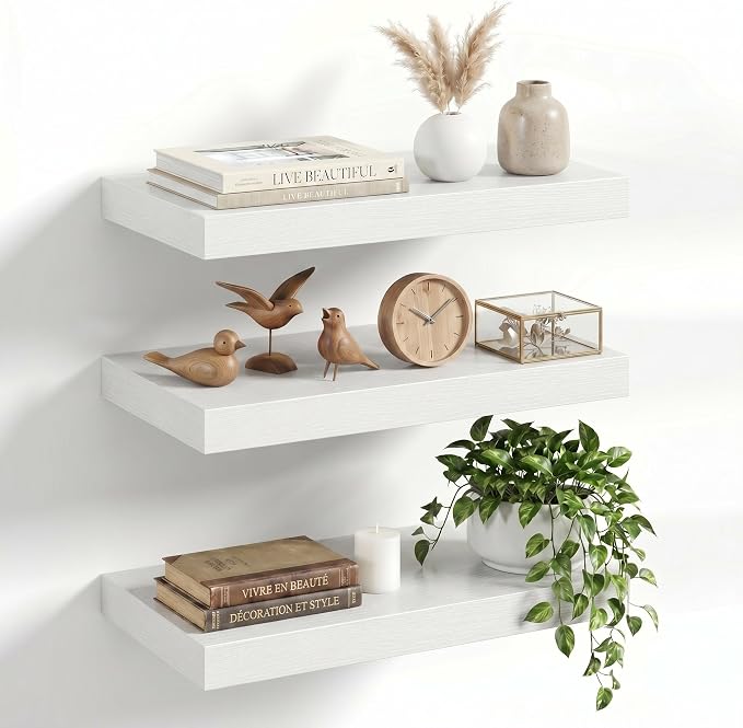 16" Floating Shelves for Wall, Set of 3, 8" Deep, 1.5" Thick, White | Rustic Wood Wall Shelves with Invisible Brackets, Storage and Display for Bathroom, Bedroom, Living Room or Kitchen
