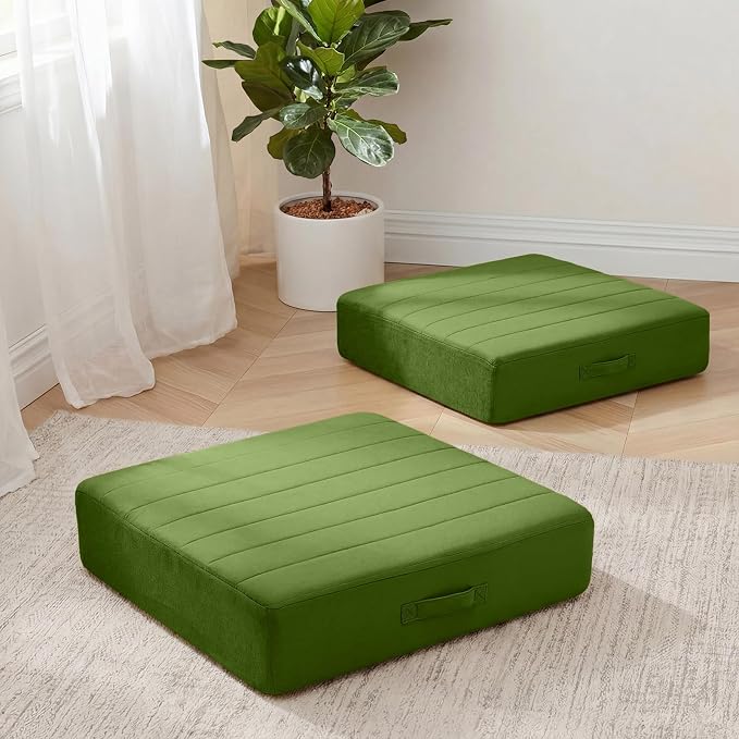 MeMoreCool Square Floor Pillows for Adults Kids, 2 Sets Large Meditation Cushion with 5" Thick Foam and Washable Tufted Cover, 24 Inch Green Seat Floor Cushions for Sitting and Yoga