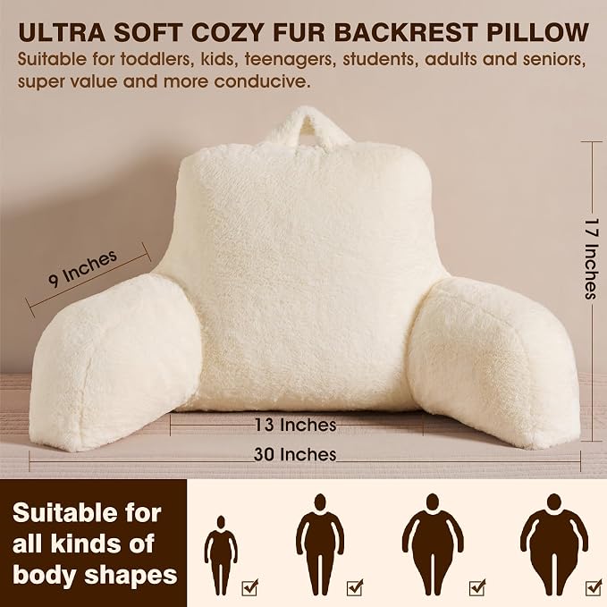 Faux Fur Reading Pillow for Bed/Couch/Floor/Dorm, Great Cozy Back Pillow for Bed Sitting Up, Fluffy Fur Bed Pillow for Sitting Up for Adults/Teens/Kids, Upgrade Back Support Pillow, Ivory