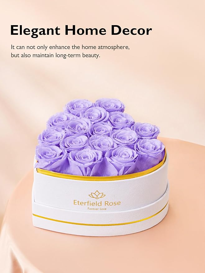 Eterfield 16 Forever Flowers in Heart Shape Box, Preserved Roses That Last a Year Preserved Flowers Birthday Gifts for Her Mom Women Wife Anniversary Valentines Day Mothers Day, Light Purple
