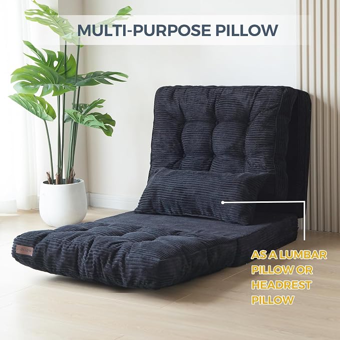 MAXYOYO Folding Sofa Bed, Tufted Bean Bag Bed with Pillows Floor Couch for Adults, Extra Thick and Long Floor Sofa, Single Couch for Bedroom Living Room, Black, 30x91 Inch