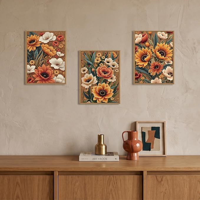 Boho Flower Botanical Framed Canvas Wall Art,Abstract Floral Wall Decor,Embroidery Plant Painting,Bloom Wildflower Artwork for Living Room,Bedroom,Dining Room,Office -12"x16"x3