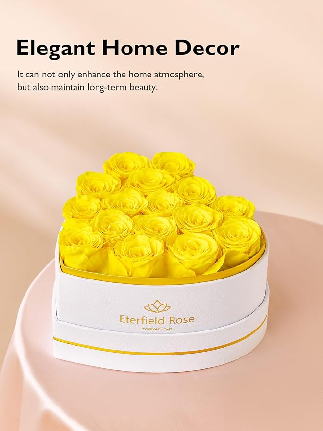 Eterfield 16 Forever Flowers in Heart Shape Box, Preserved Roses That Last a Year Preserved Flowers Birthday Gifts for Her Mom Women Wife Anniversary Valentine's Day Mother's Day, Yellow